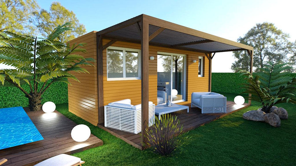 Maison modulaire de 16m² avec terrasse et pergola en bois
