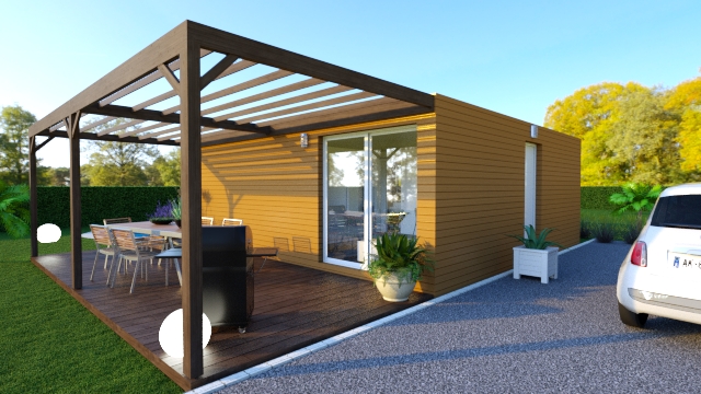 Vue 3D d'une maison modulaire avec terrasse et pergola en bois