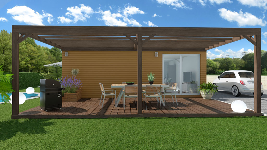 Vue 3D d'une maison modulaire de 50m² avec terrasse et pergola en bois