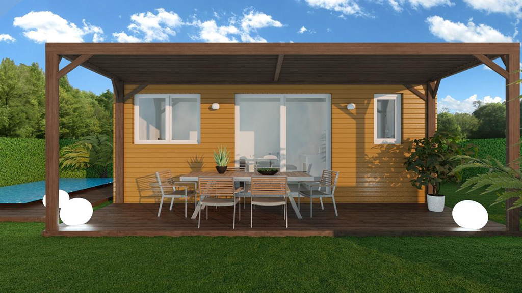 Vue 3D d'une maison modulaire avec terrasse et pergola en bois