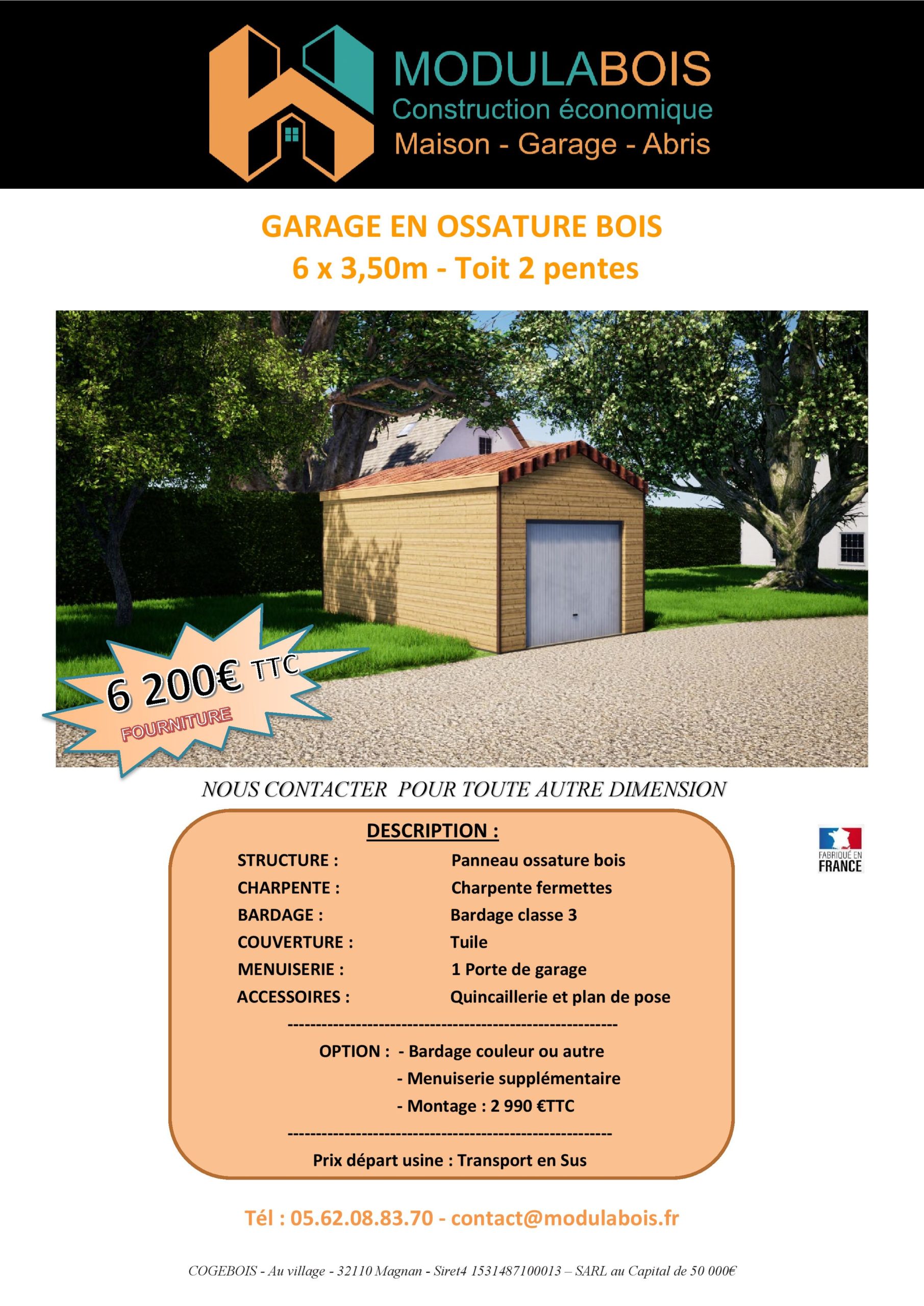 Flyer GARAGE DOUBLE PENTES 6 X 3.5 – prix 2020 + détail Garage en ossature bois, toit en tuile double pentes, 21m²_ 6200€ ttc